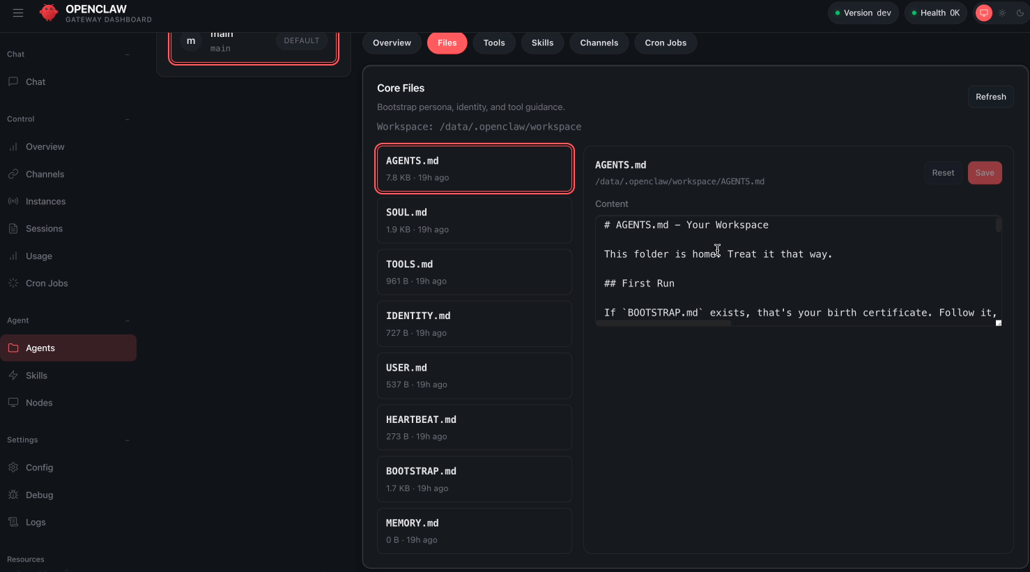 Árbol de archivos mostrando SOUL.md, USER.md, MEMORY.md, HEARTBEAT.md