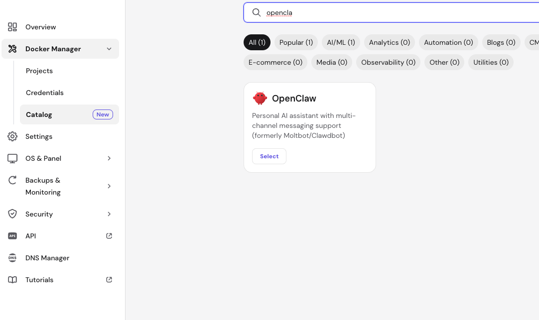Panel VPS de Hostinger mostrando el template de OpenClaw